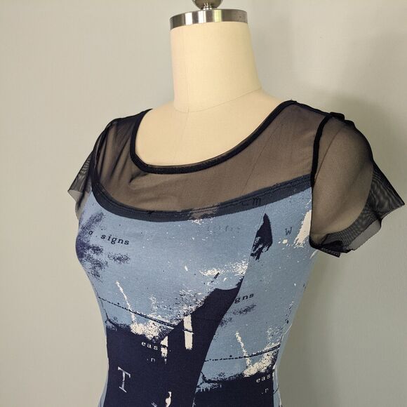 Graphic Print Mini Dress 4 Blue Knit Mesh French T Shirt Flare Blue Luc Fontaine - Picture 1 of 10